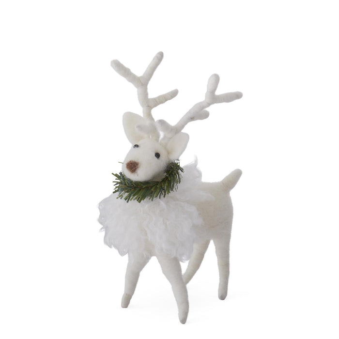 7.5" White Wool Deer w/Pine Wreath