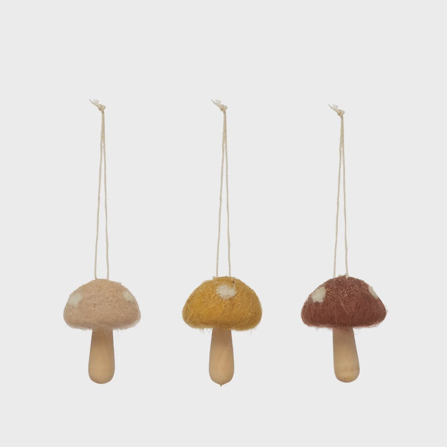 Wood and Wool Mushroom Ornaments