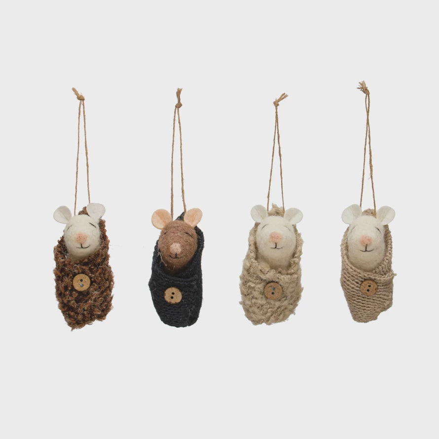 Wool Felt Swaddled Baby Mouse Ornament - Assorted